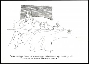 Twee geliefde thema's van Peter van Straaten: literatuur en erotiek. Cartoon: Peter van Straaten
