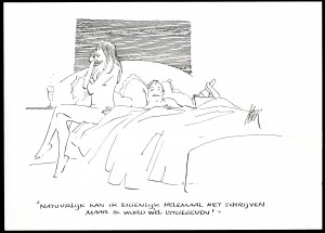 Cartoon_PeterVanStraaten Twee geliefde thema's van Peter van Straaten: literatuur en erotiek. Cartoon: Peter van Straaten